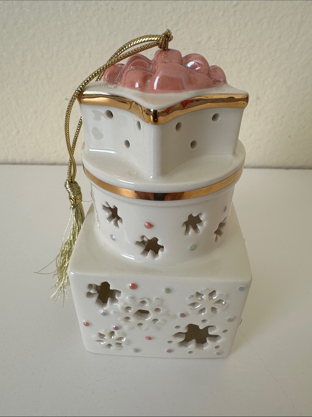 Lenox White Porcelain Ornament with Pink Top and Gold Trim Accents